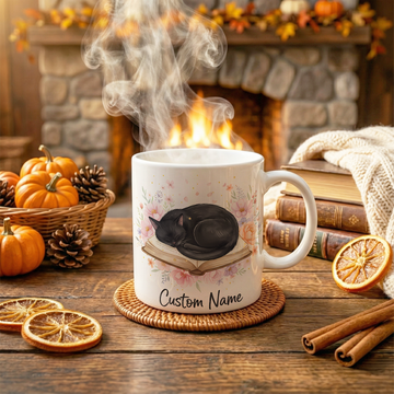 Personalized Black Cat Fall Mug – Custom Cat Lover Coffee Cup – Autumn Gift for Cat Mom |MUG 84