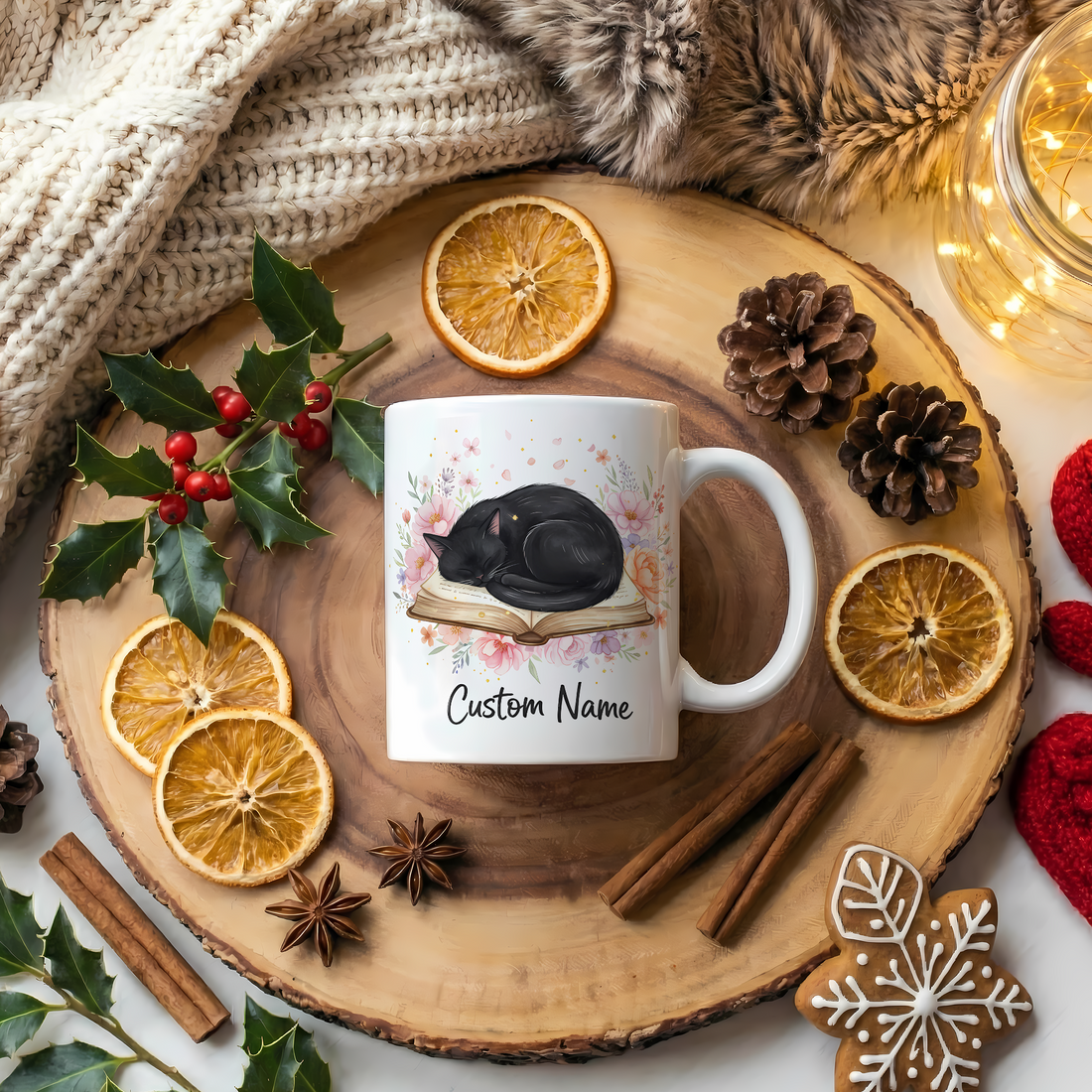 Personalized Black Cat Fall Mug – Custom Cat Lover Coffee Cup – Autumn Gift for Cat Mom |MUG 84