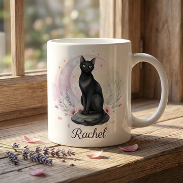 Personalized Black Cat Mug with Name – Custom Cat Lover Coffee Cup – Gift for Cat Mom or Cat Dad |Mug 77