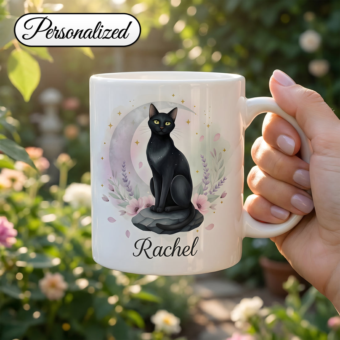 Personalized Black Cat Mug with Name – Custom Cat Lover Coffee Cup – Gift for Cat Mom or Cat Dad |Mug 77