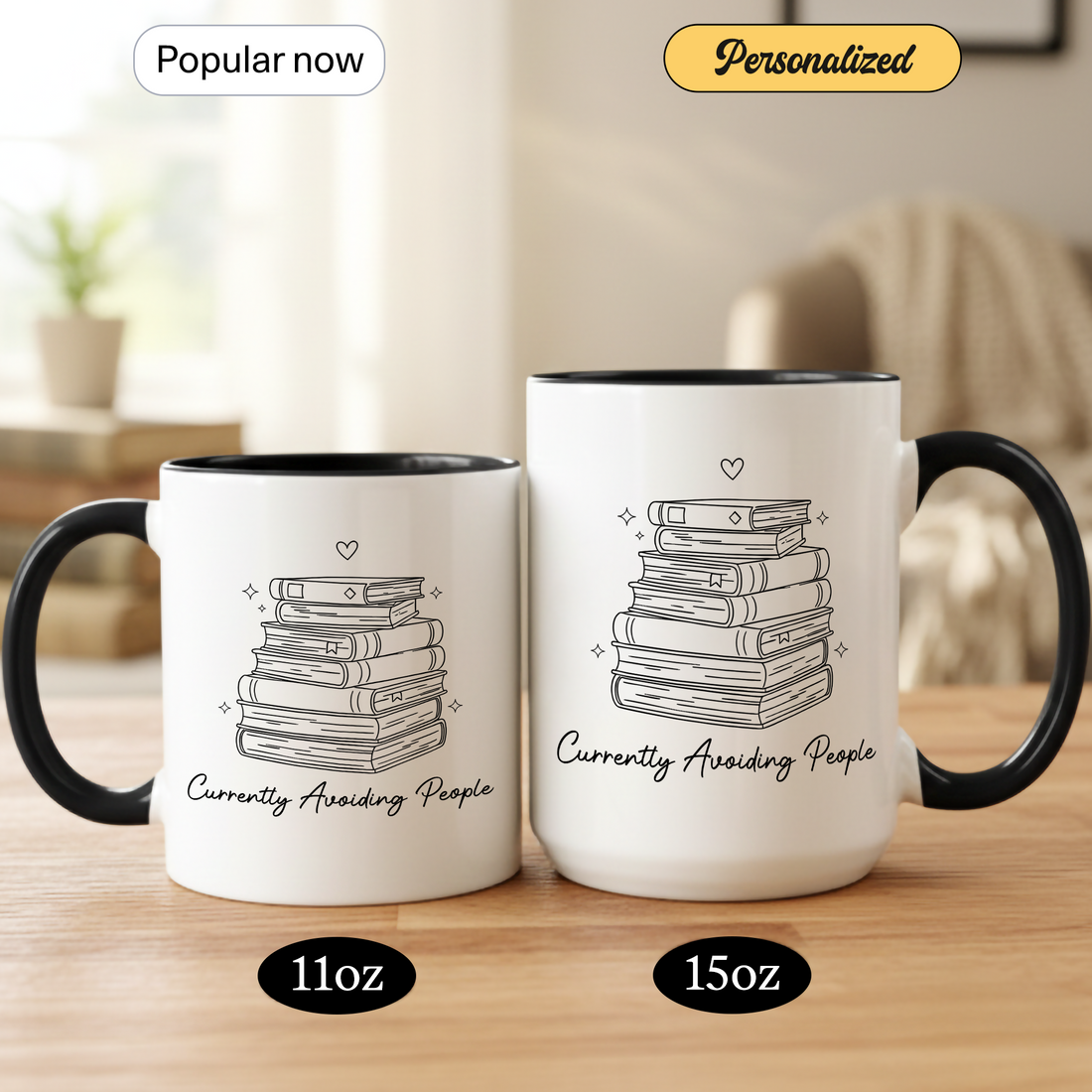 Cozy Reading Time Mug – Stack of Books Coffee Cup – Minimalist Book Lover Ringer Mug – Gift for Readers |Mug 98