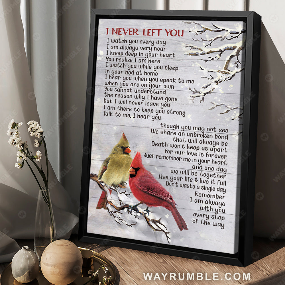 Cute cardinal drawing, White snow, Winter painting, I never left you - Heaven Portrait Canvas Prints, Wall Art