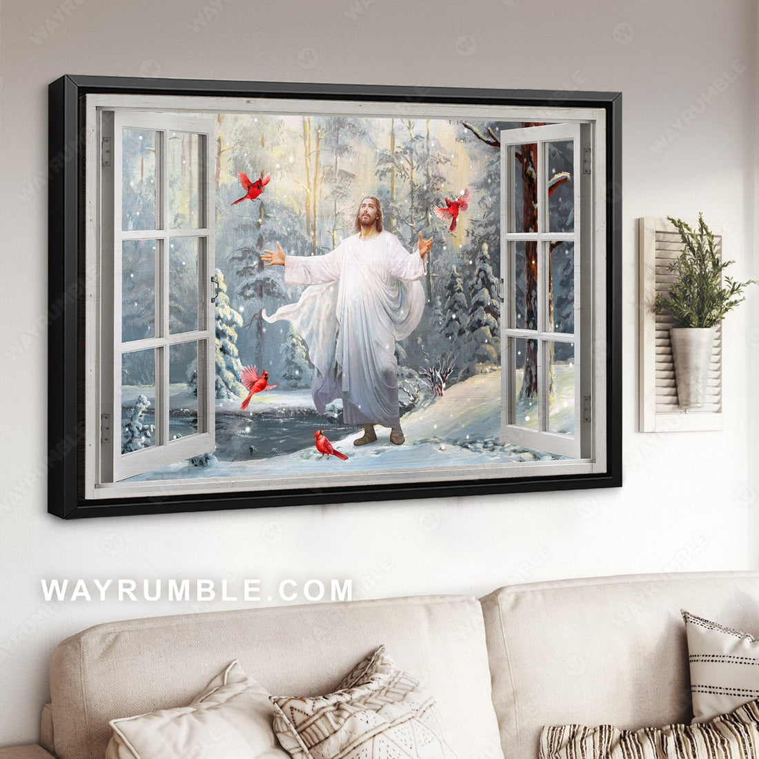 Jesus painting, Cardinal painting, Walking with Jesus, Into the winter forest - Jesus, Window frame Landscape Canvas Prints, Wall Art